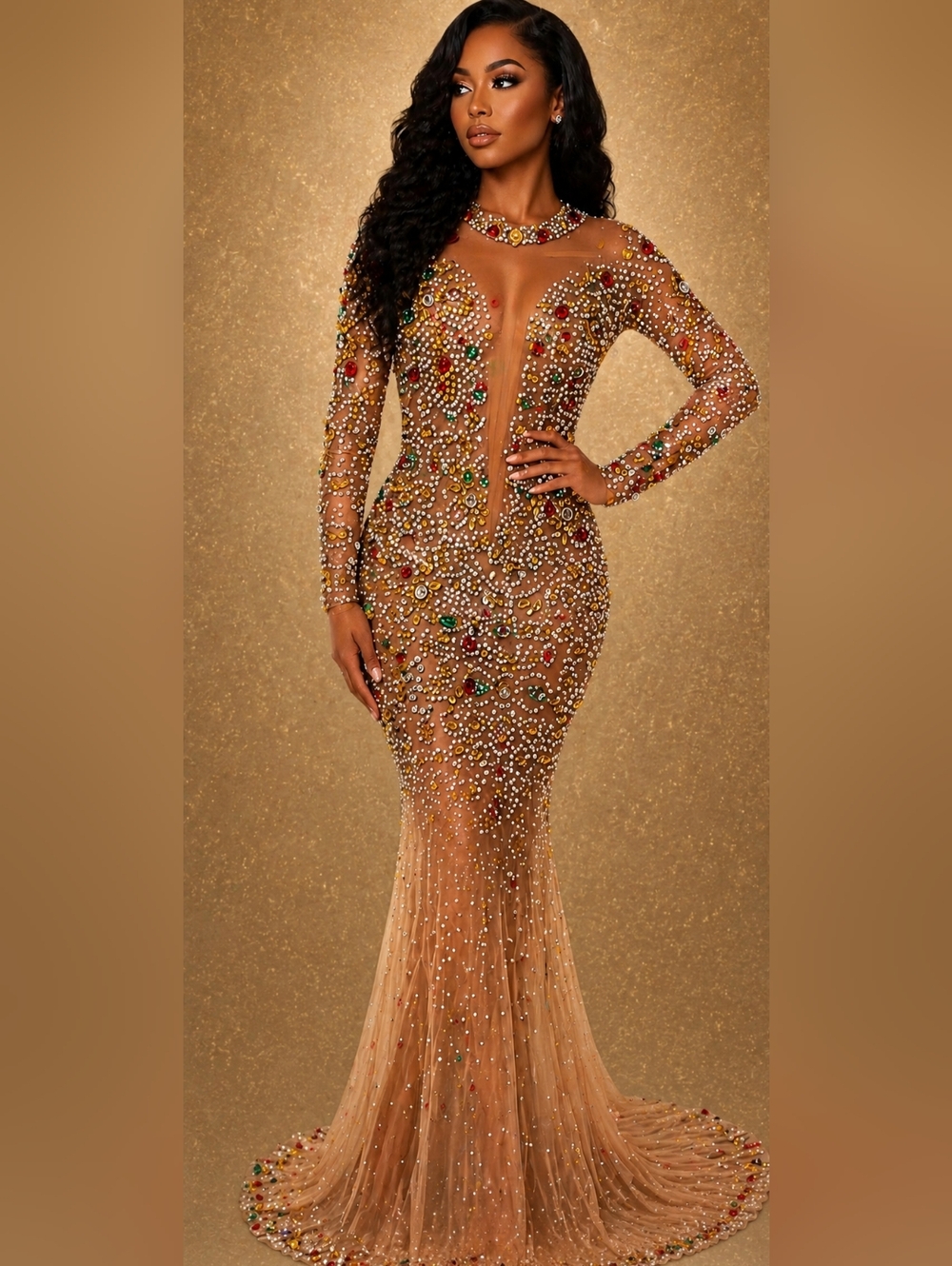 BEAUTIFUL Rhinestone-Embellished Nude Long Sleeve Mermaid Gown